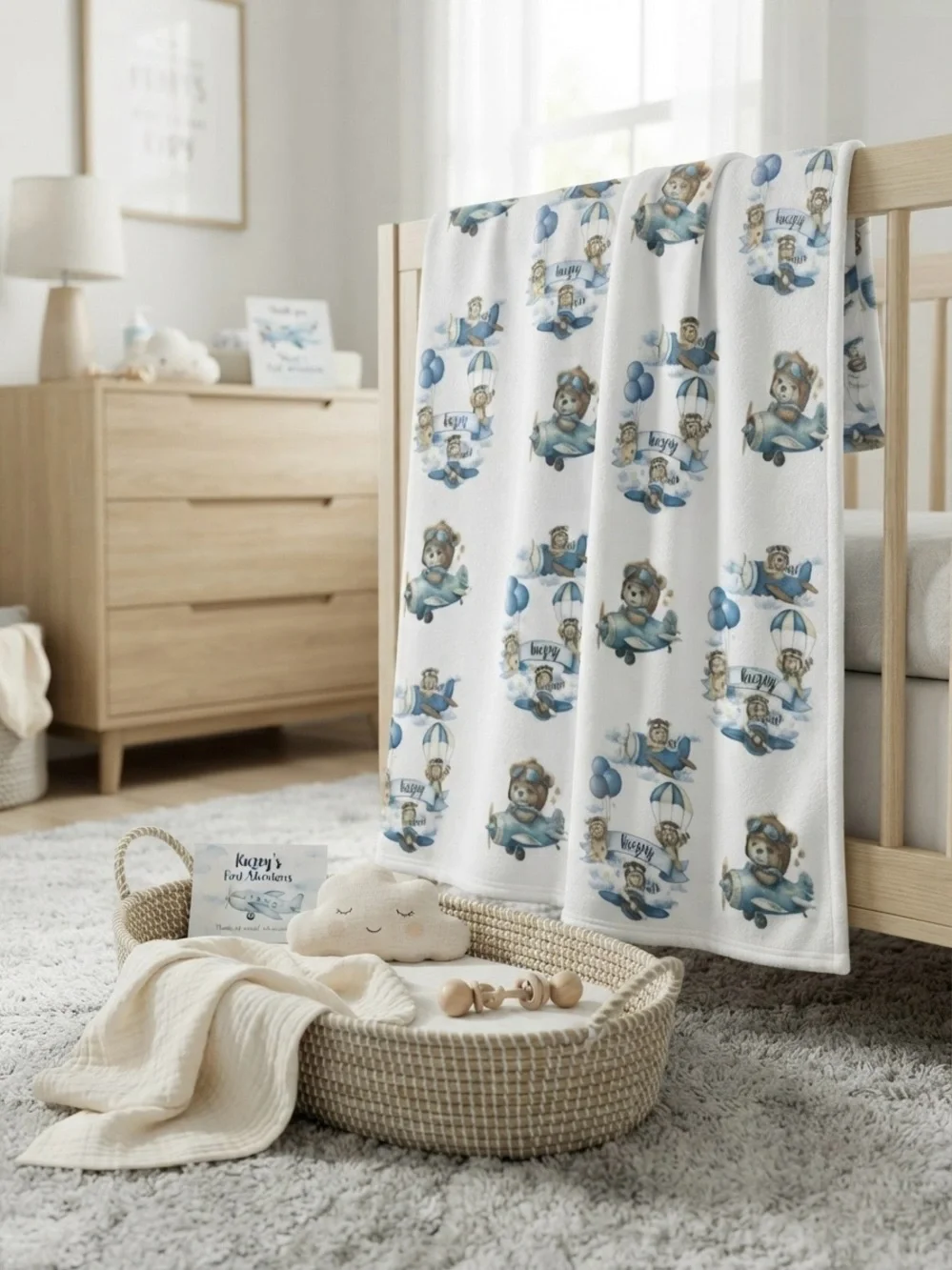 Blue Teddy Airplane Baby Blanket